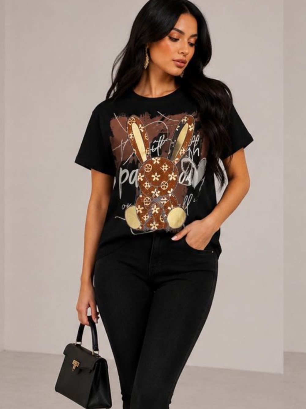 ShopEvelynne Black Tee with Brown Bunny Graphic and Cream Accents